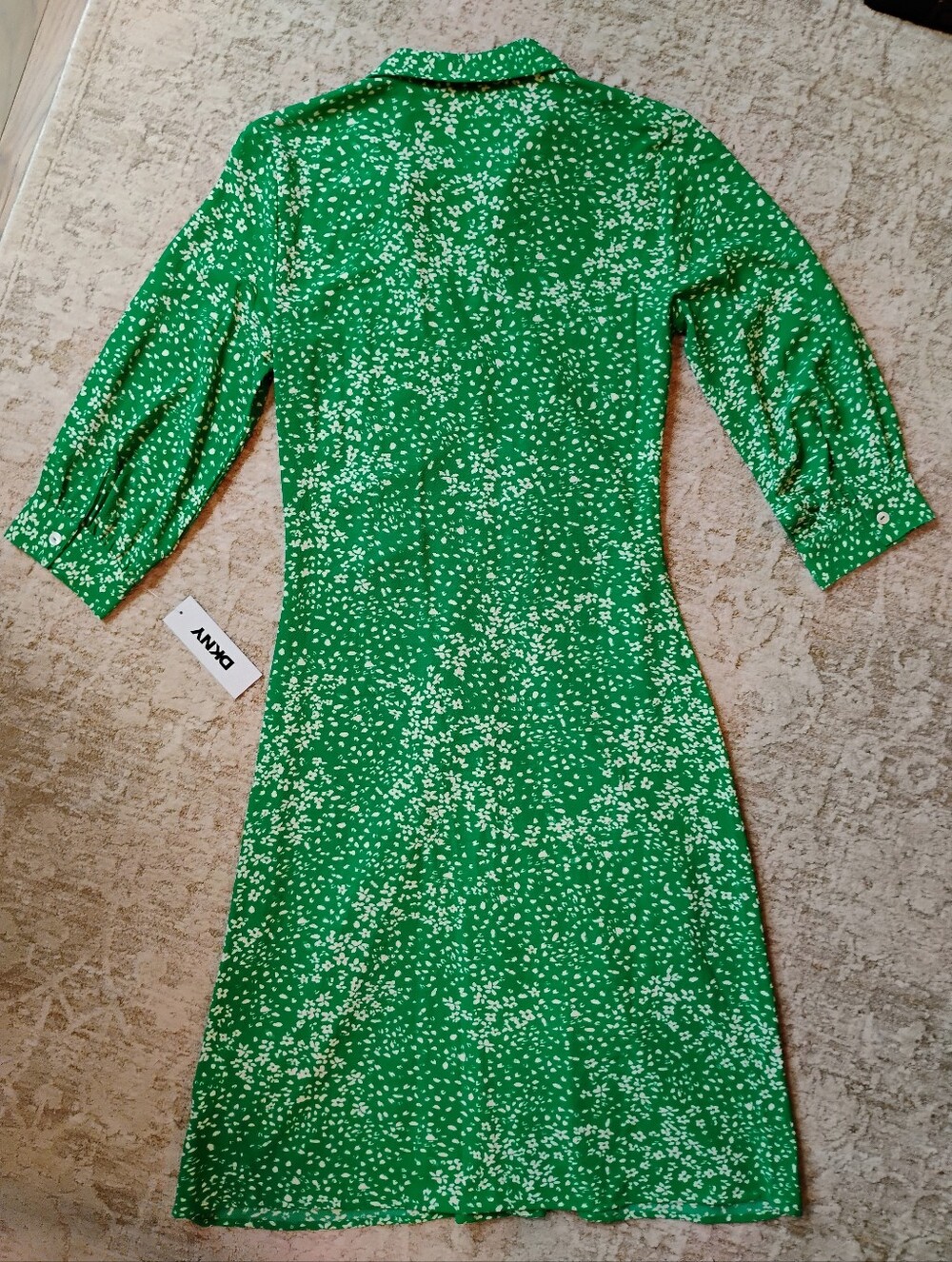 NWT 8 DKNY Green And White Floral 3/4 Sleeve Button Front Midi Shirt Dress NEW - Picture 2 of 13